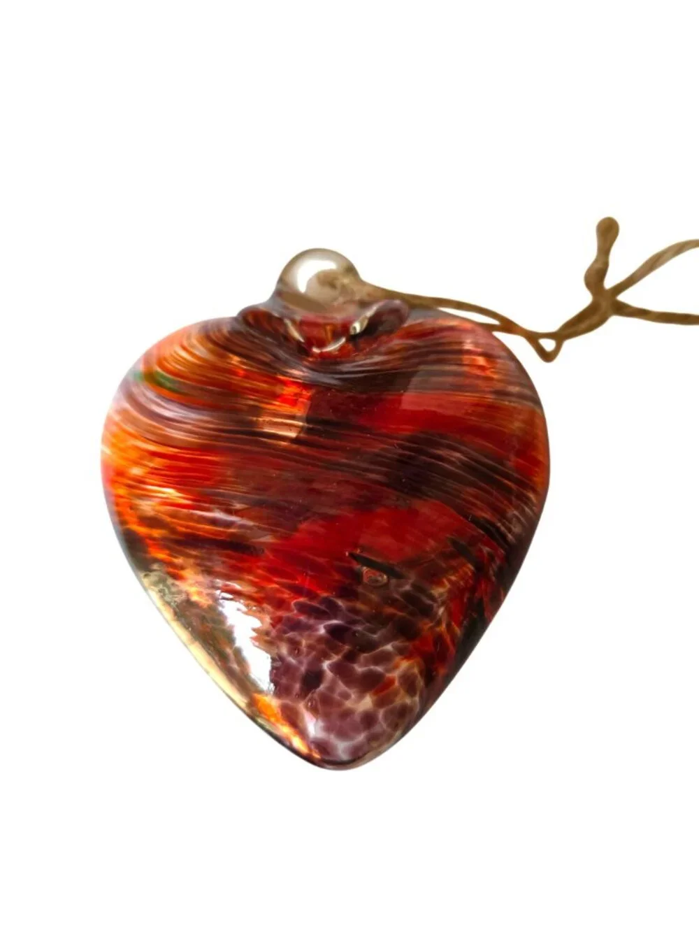 Set of 3 Handblown Glass Heart Ornaments with Hooks Multicolor Red Swirl Orange
